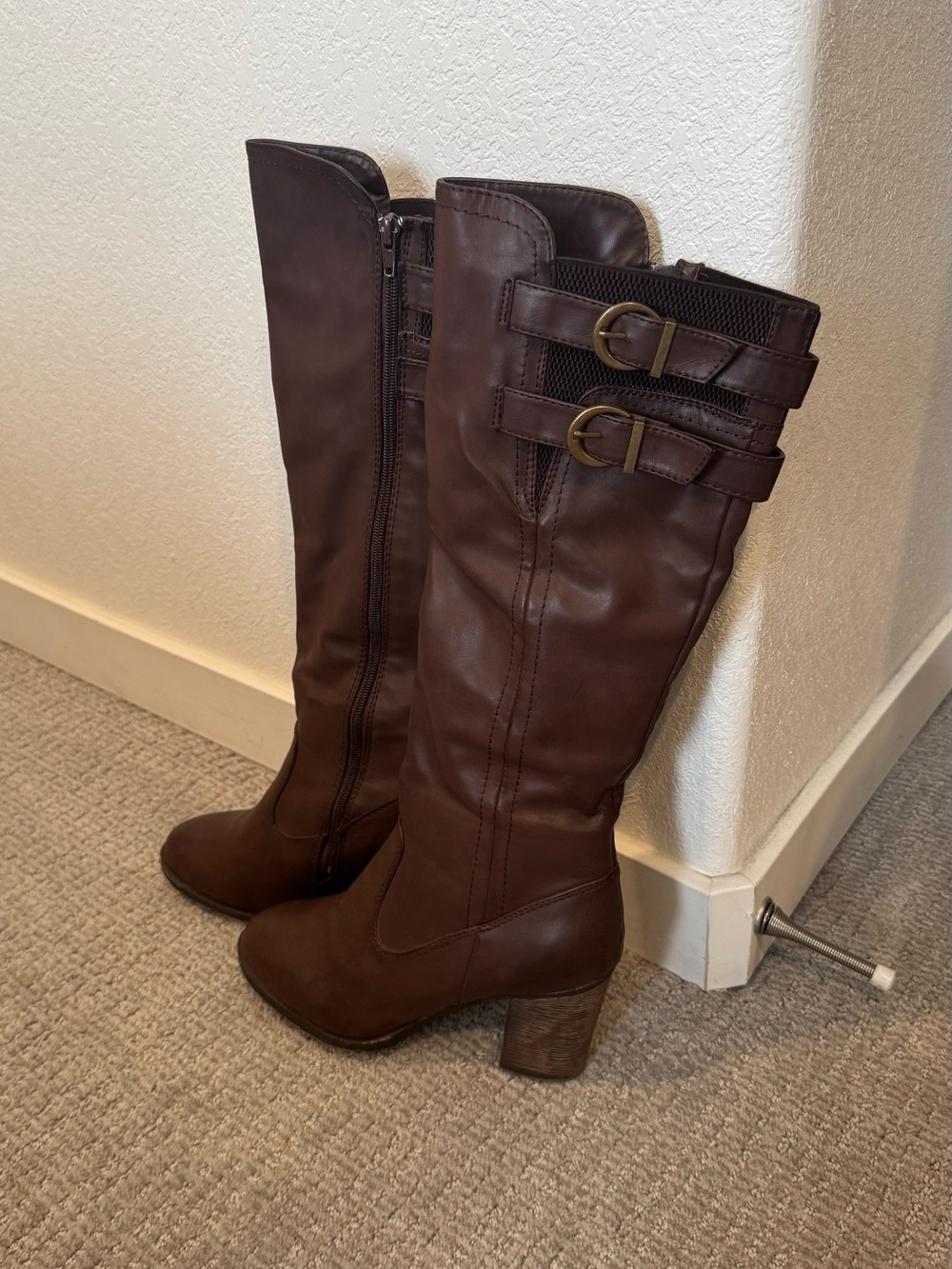 Women's Tall Brown Buckle Riding Boots